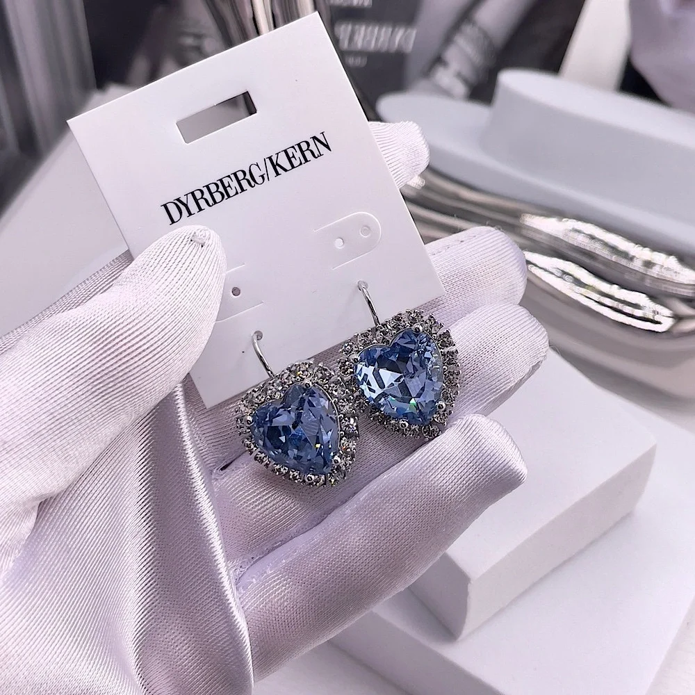 Light Blue Heart And Clear Crystals Silver Earrings, Sterling Silver Plated - Picture 2 of 5